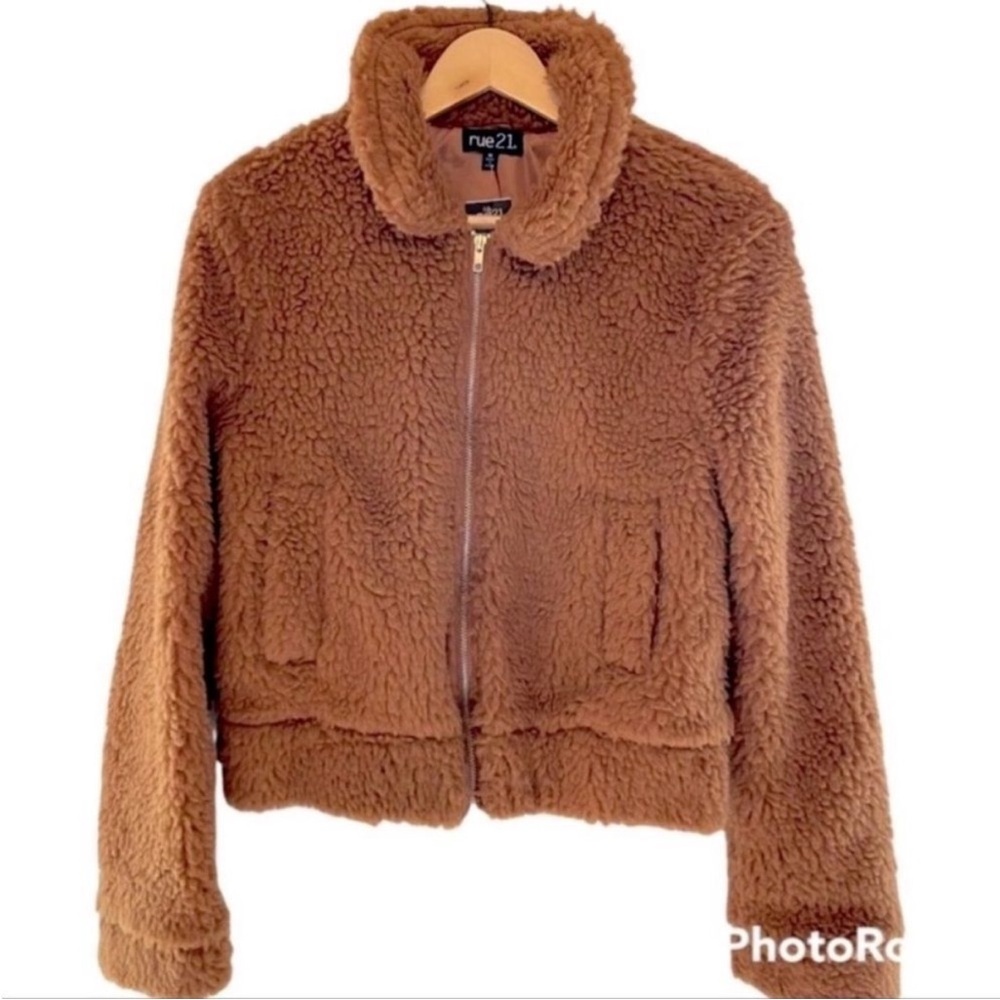 Rue 21 Teddy Jacket Cropped Zip Cozy Brown Sherpa Size Medium